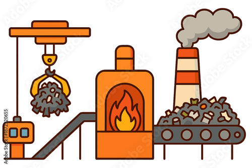 Factory process with waste handling, incineration and smoke release at a recycling plant in the city during the day