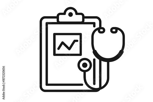 Health care tools on clipboard with stethoscope beside it used for patient assessment and medical checkup in a clinic setting