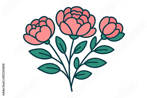 Three pink flowers with green leaves in a simple design on a white background captured during daytime