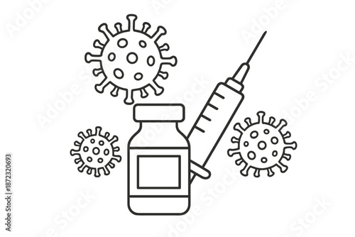 Vaccine vial and syringe with virus icons in a health awareness setting during a pandemic
