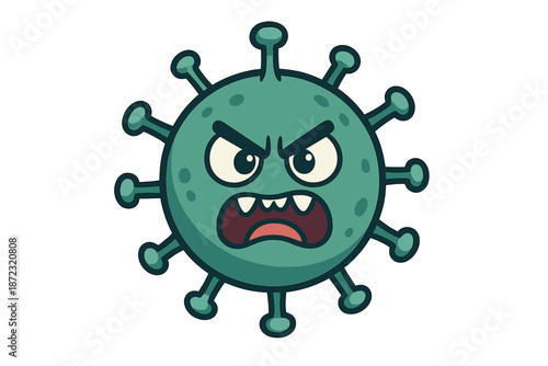 Cartoon virus character with an angry expression and cartoonish features in a simple design showing its spikes and body structure