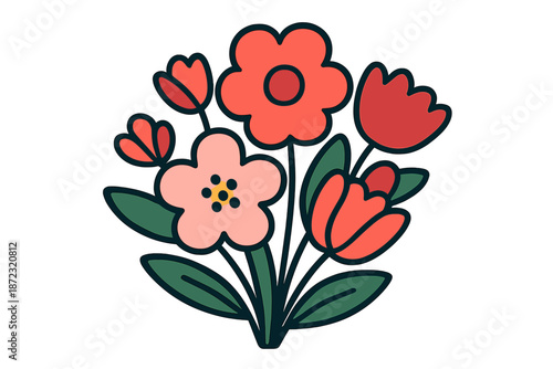 Bright flower bouquet with various blooms and leaves arranged in a simple design with bold colors on a plain background