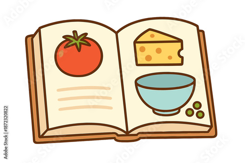 Cooking book with drawings of tomato, cheese, and bowl of ingredients on two open pages