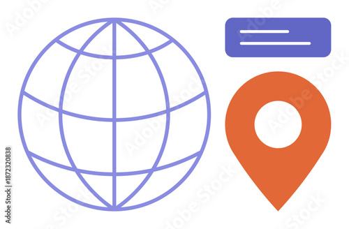 Map services, global connectivity, travel planning, navigation tools, geolocation, international communication. Open globe, map pin symbol and interface bar. Navigation tools and geolocation concept