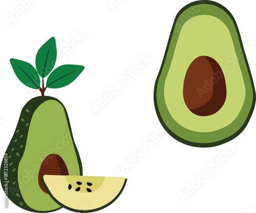 Flat vector illustration of fresh whole and sliced avocados with leaves, featuring a dark green textured skin and a creamy lime-green interior with a brown pit, isolated on a white background.