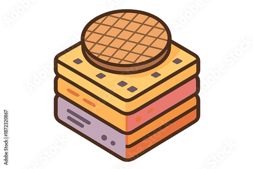 Stack of colorful cookies with a wafer on top placed on a simple background during daytime