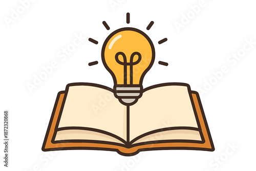 Light bulb above open book showing concept of ideas and learning during study session in classroom
