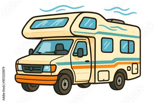 Colorful camper van parked on a road with clear sky and trees in the background during daytime activities