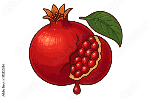 Bright red pomegranate with broken skin revealing juicy seeds and leaf on top