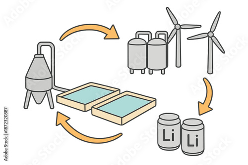Flow of lithium extraction and processing using renewable energy in a sustainable system for battery production and recycling