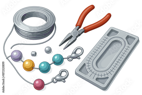 Crafting jewelry with wire, beads, and tools on a workspace in a well-lit area during the day