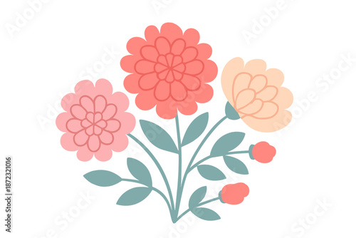 Colorful flowers with different shapes and sizes arranged together in a simple design