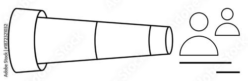 Vision, leadership, teamwork, goals, strategy, focus. A telescope with abstract people icons. Vision and leadership clarity and focusing on objectives in teamwork and strategy development