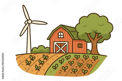 Farm scene with barn, tree, crops, and wind turbine in a rural landscape during daytime