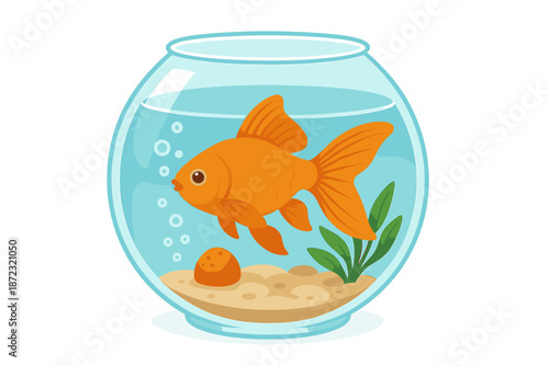 Goldfish swims in clear bowl with bubbles and plants near sandy bottom during daytime indoors