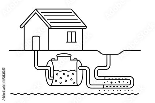 System for household waste water treatment with septic tank and drainage layout