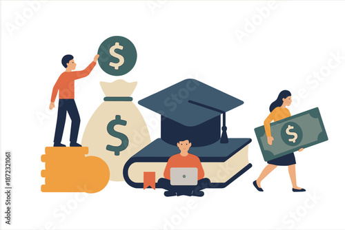 Students and financial themes in a design focused on education, money, and career growth