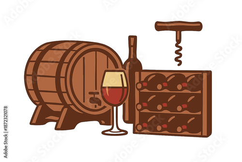 Wine barrel and glass with bottle and corkscrew displayed at a vineyard during a sunny day