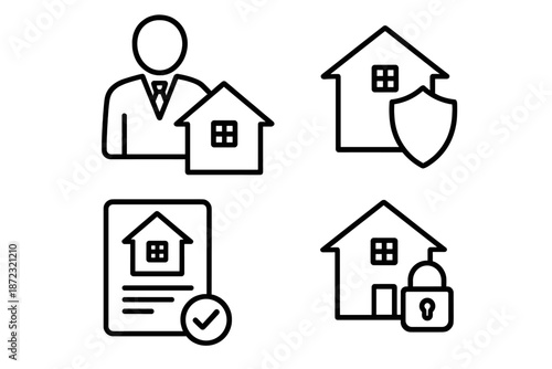 Icons showing real estate tasks like managing property, securing homes, signing contracts, and protecting assets in a business setting