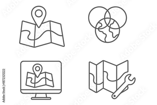 Maps and symbols related to navigation and location displayed on a digital screen and paper