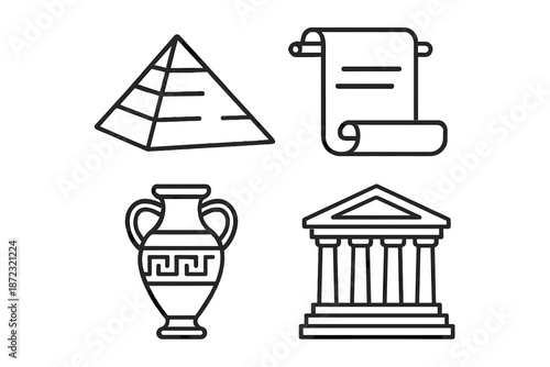 Symbols of ancient civilizations including a pyramid, scroll, vase, and temple on a simple background