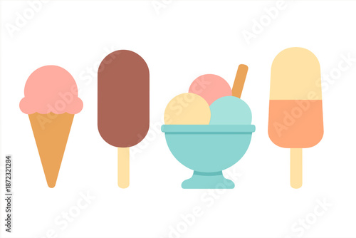 Different types of ice cream desserts displayed on a white background during summer season