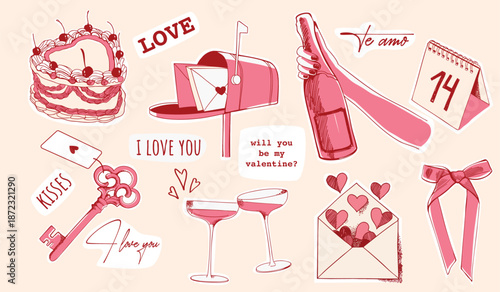 Valentine day set: cute mailbox, heart, sparkling, mail. 14 February. Perfect for scrapbooking, greeting card, party invitation, poster, tag, sticker kit. Hand drawn vector illustration, doodle.