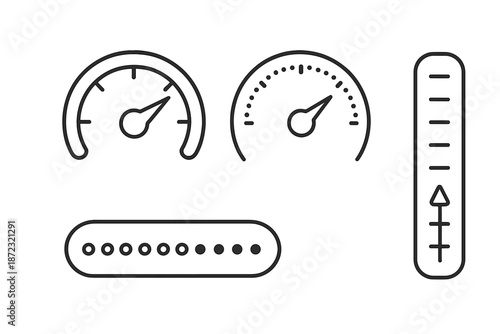 Different types of measurement gauges showing various readings for performance and progress monitoring