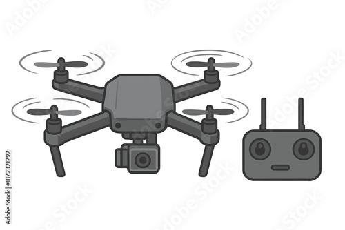 Drone and controller sit on a flat surface ready for flying above trees and fields during bright day