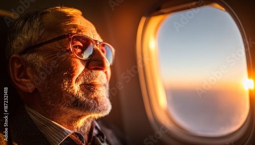 Older Person Sitting By Airplane Window With Glasses Reflecting Warm Sunlight During Dawn Or Dusk Flight Scene Showing Peaceful Sky Gradient Of Orange And Blue Colors Symbolizing Travel Reflection And