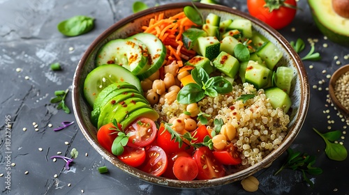 Vibrant quinoa salad bowl filled with fresh avocado, chickpeas, and chopped vegetables sits ready.