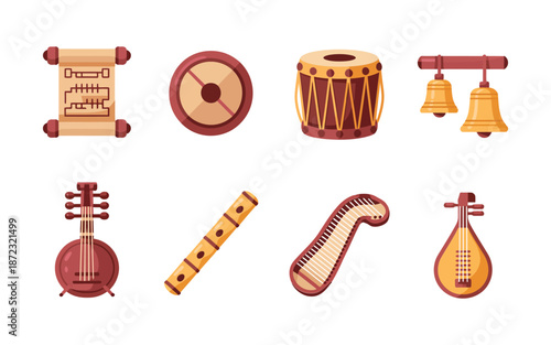 Traditional asian music instruments, festival drum, bamboo flute, temple bell, string lute, parade celebration concert icons, cultural performance vector set