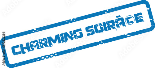 A unique blue distressed rubber stamp clearly shows the elegant text Charming Soiree within a solid border