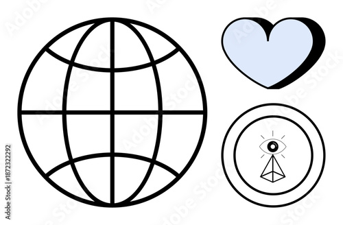 Connectivity, spirituality, love, global unity, awareness, metaphysical concepts. A globe, a heart and a circular symbol with an all-seeing eye. Global unity and spirituality concepts