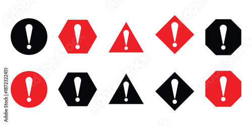 Exclamation mark symbols in various shapes and colors