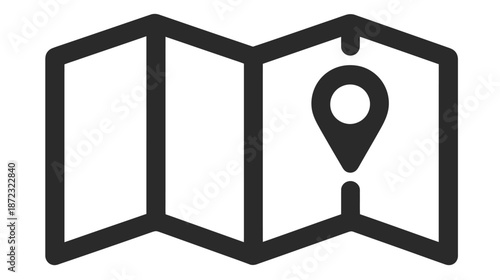 Navigation map icon with location pin. Travel guide, route finding, and destination symbol for web, app, and graphic design.