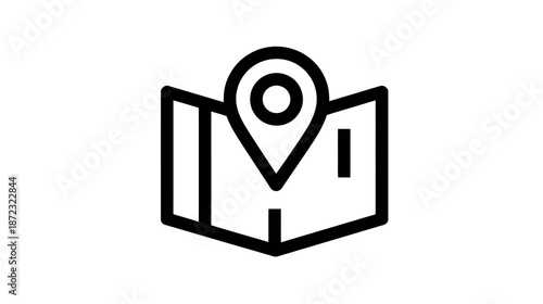 Black outline map and location pin icon for GPS navigation, travel destination, address finding, and digital cartography symbol