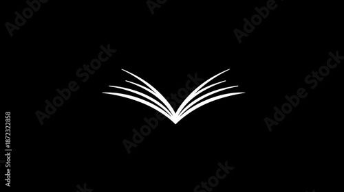 Minimalist stylized open book icon on black. Elegant graphic symbol for education, learning, knowledge, reading, and publishing.