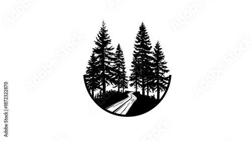 Minimalist black and white forest landscape illustration with tall evergreen trees and winding path. Nature adventure graphic design emblem.