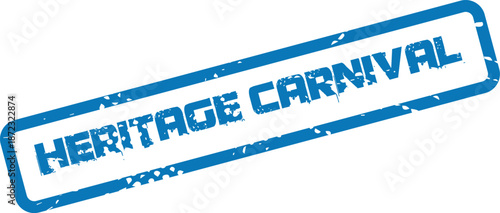 Heritage Carnival text within a blue distressed rectangular rubber stamp impression on a clean white field