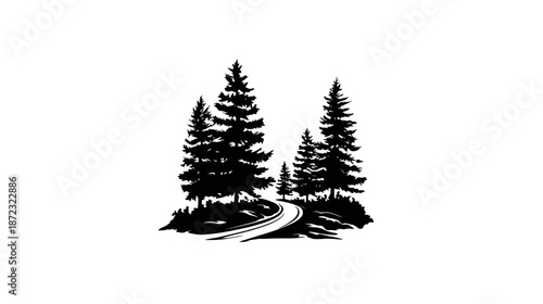 Black silhouette illustration of a winding forest path surrounded by tall evergreen coniferous trees, evoking nature and wilderness.