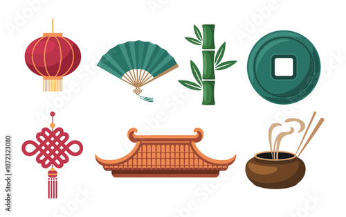 Temple ceremony icons, folding fan, bamboo stalk, ancient coin, incense burner, offering bowl with chopsticks, cultural festival vector elements