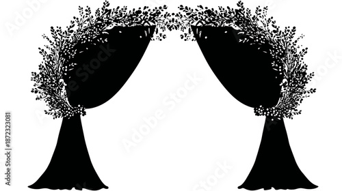 Elegant Black Silhouette Wedding Arch with Draped Fabric and Floral Decoration Vector Illustration