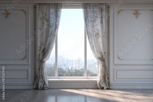 Elegant room with ornate wall paneling and city view through sheer curtains.