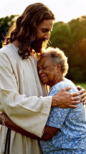 Jesus Embracing an Elderly Woman - A warm video shows a man with long hair, depicted as Jesus, embracing an elderly African American woman in a sunny outdoor setting.