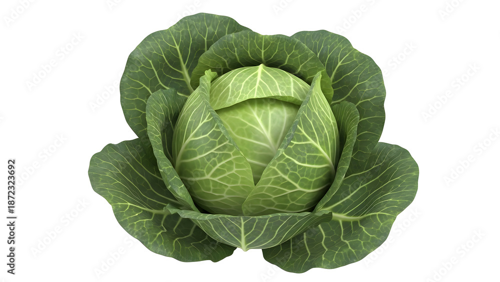 Fototapeta premium Whole organic green cabbage with outer leaves, PNG with alpha channel, high-quality vegetable asset high quality Png