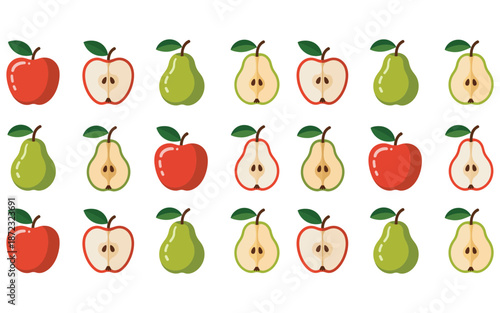 Apple and pear seamless pattern set, whole and cut fruit icons, farmers market background, harvest season wallpaper, grocery design vector