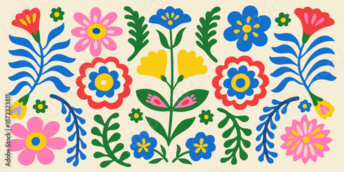 A vibrant arrangement of stylized folk flowers in bright cheerful colors