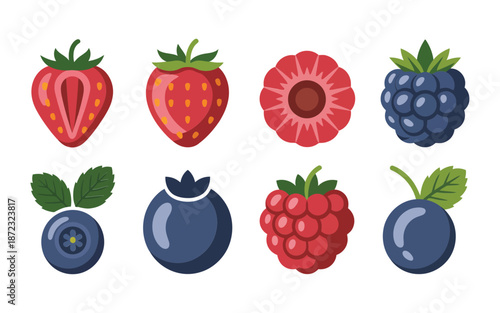 Berry mix vector icons, strawberry raspberry blueberry with mint leaves, summer picnic branding, dessert topping, farmers market label illustration