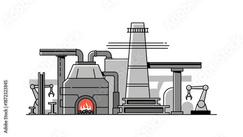 Modern industrial factory with robotic arms and a large furnace, symbolizing manufacturing and automation.